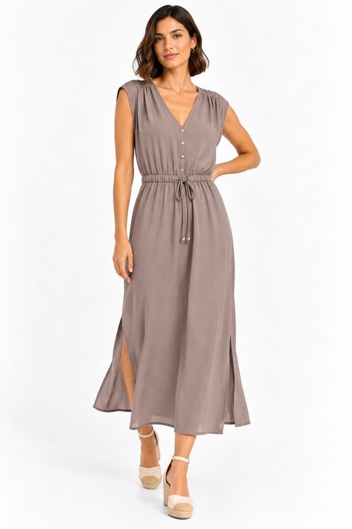 vestido midi drapeado ombro khaki.
